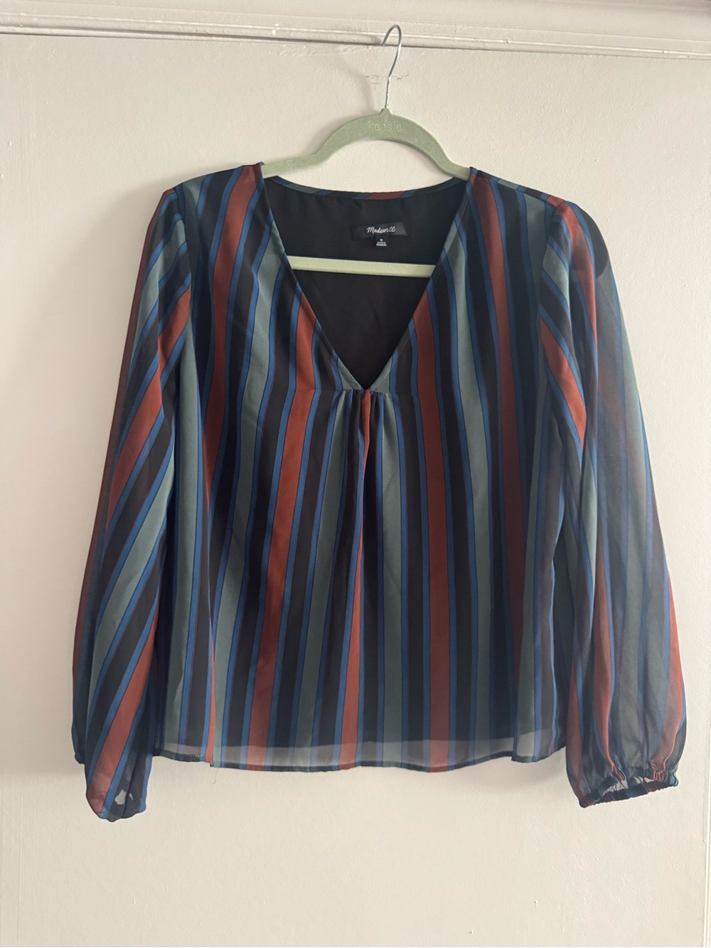 Madewell Striped V‑Neck Sheer Blouse in Blue, Navy & Rust- size medium